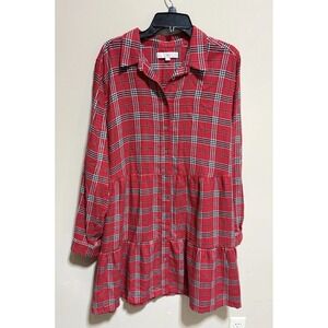 LOFT Plaid Collared Button Shirt Dress Red Long Sleeve XXL modest